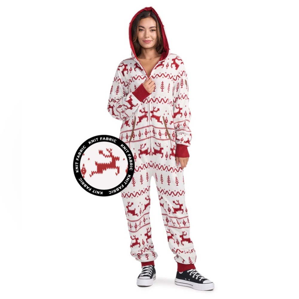 Tipsy Elves Red and White Reindeer Pattern FAIR ISLE KNIT JUMPSUIT